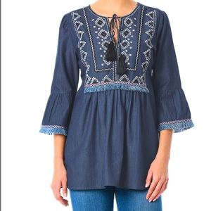 EShakti Embellished Bib Cotton Chambray Top